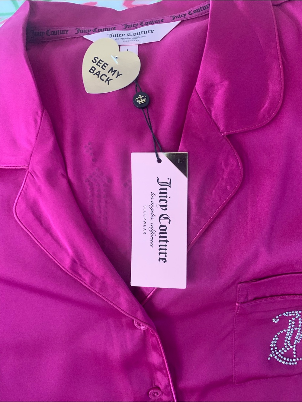 Juicy Couture Silky Satin Bling Pajama Set Raspberry Rave Large NWT - Picture 4 of 15